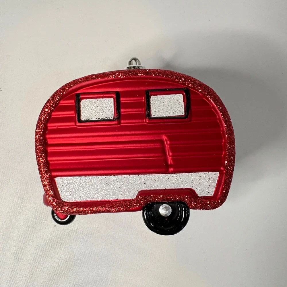 Red Retro Camper Trailer Christmas Ornament with Wreath and Glitter Accents